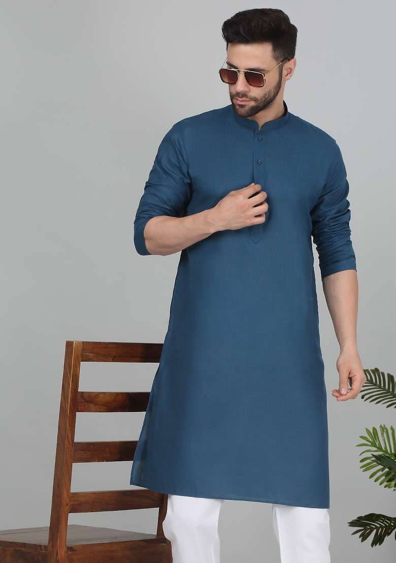 Denim Blue Solid Cotton Blend Kurta Set For Men - Indya