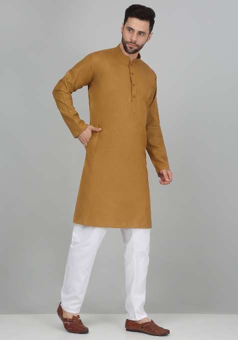 Mustard Solid Cotton Blend Kurta Set For Men