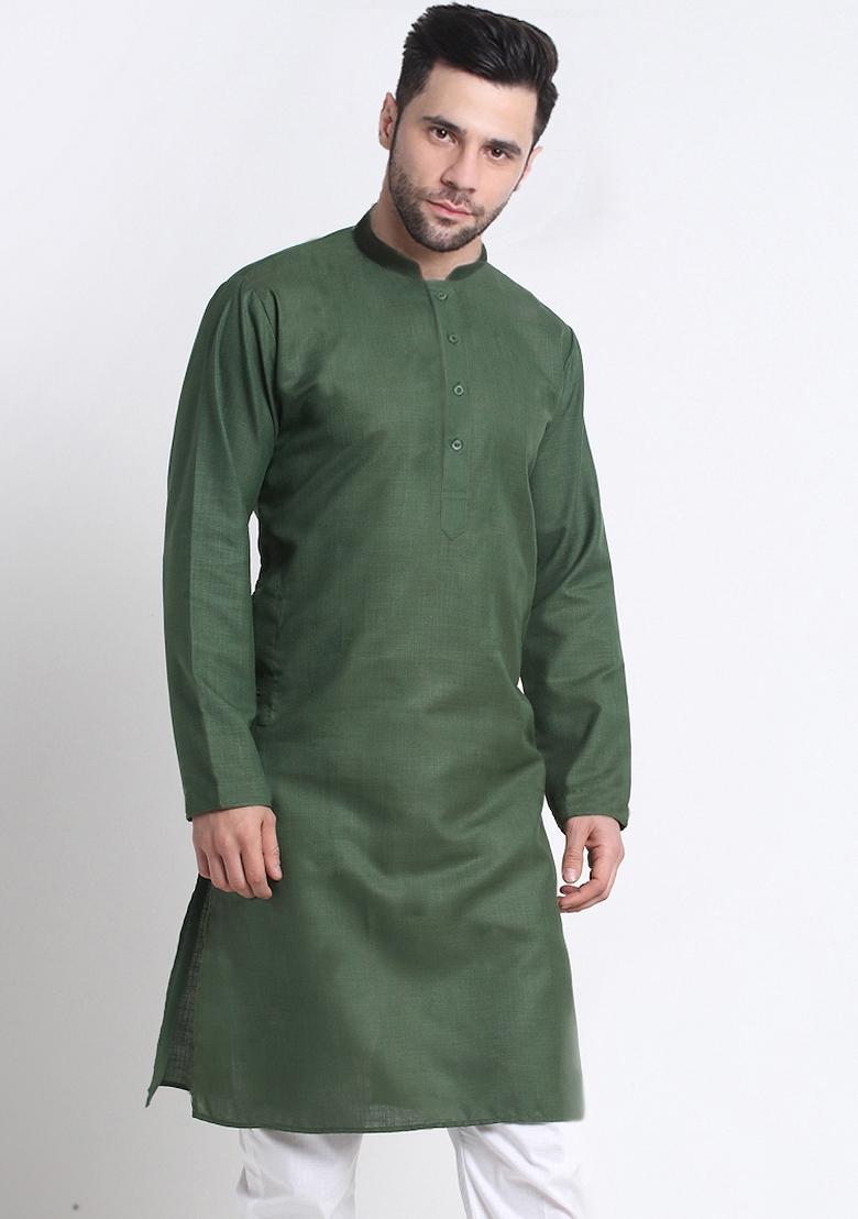 Olive Green Solid Cotton Blend Kurta Set For Men