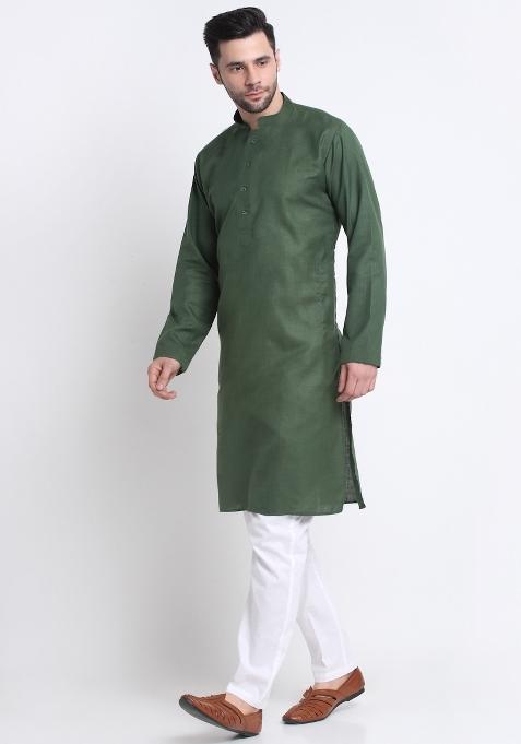 Olive Green Solid Cotton Blend Kurta Set For Men