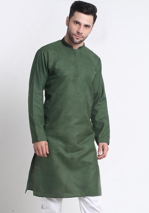 Olive Green Solid Cotton Blend Kurta Set For Men