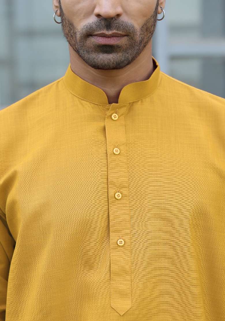 Mustard Solid Cotton Blend Kurta Set For Men - Indya