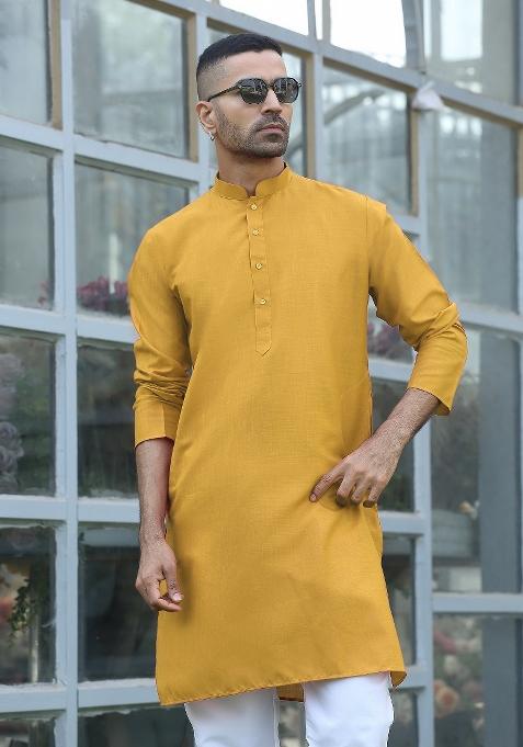 Mustard Solid Cotton Blend Kurta Set For Men