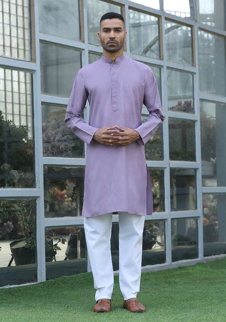 Mauve Solid Cotton Blend Kurta Set For Men - Indya