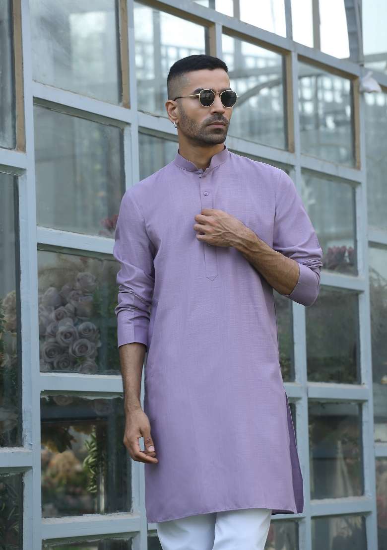 Mauve Solid Cotton Blend Kurta Set For Men - Indya
