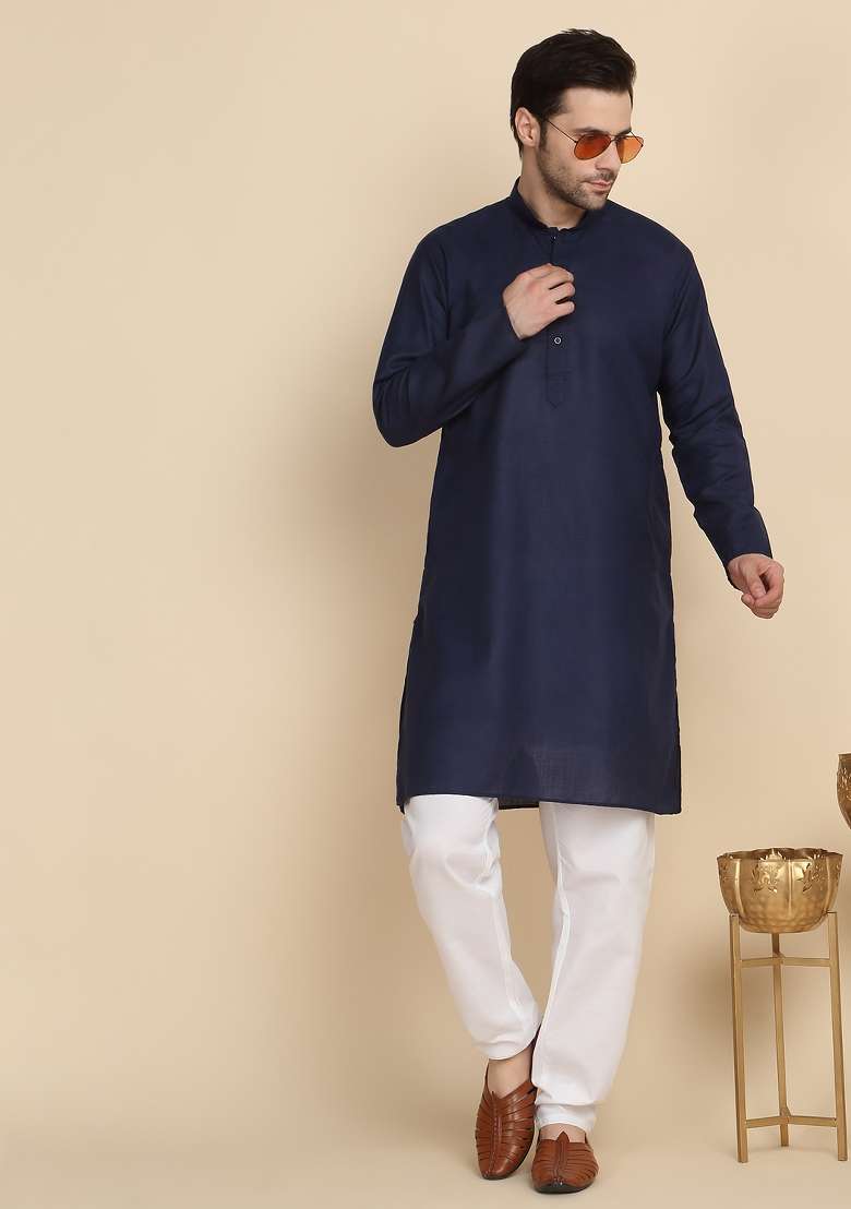 Navy Blue Solid Cotton Blend Kurta Set For Men - Indya