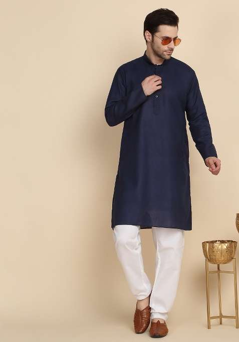 Navy Blue Solid Cotton Blend Kurta Set For Men