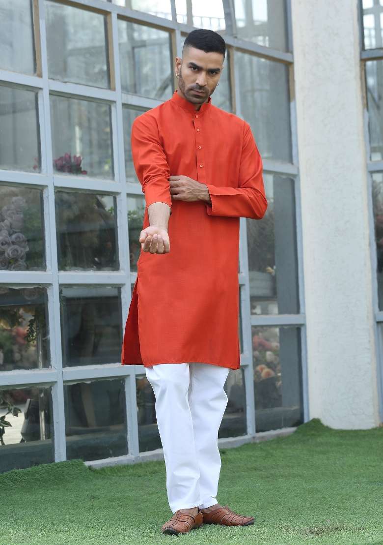 Orange Solid Cotton Blend Kurta Set For Men - Indya