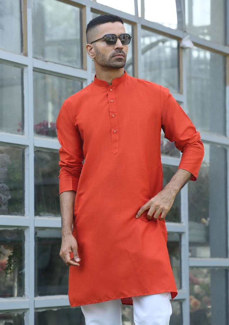 Orange Solid Cotton Blend Kurta Set For Men - Indya