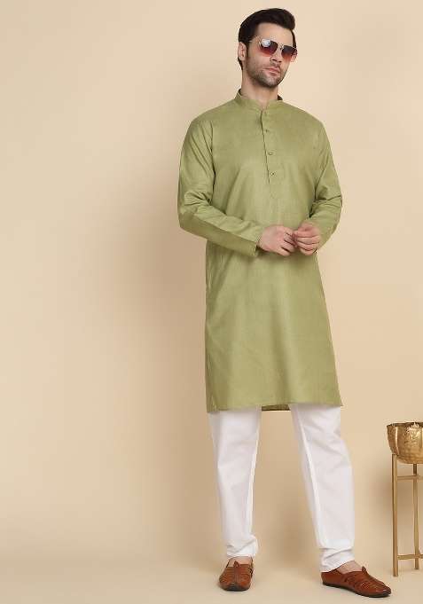 Pista Solid Cotton Blend Kurta Set For Men