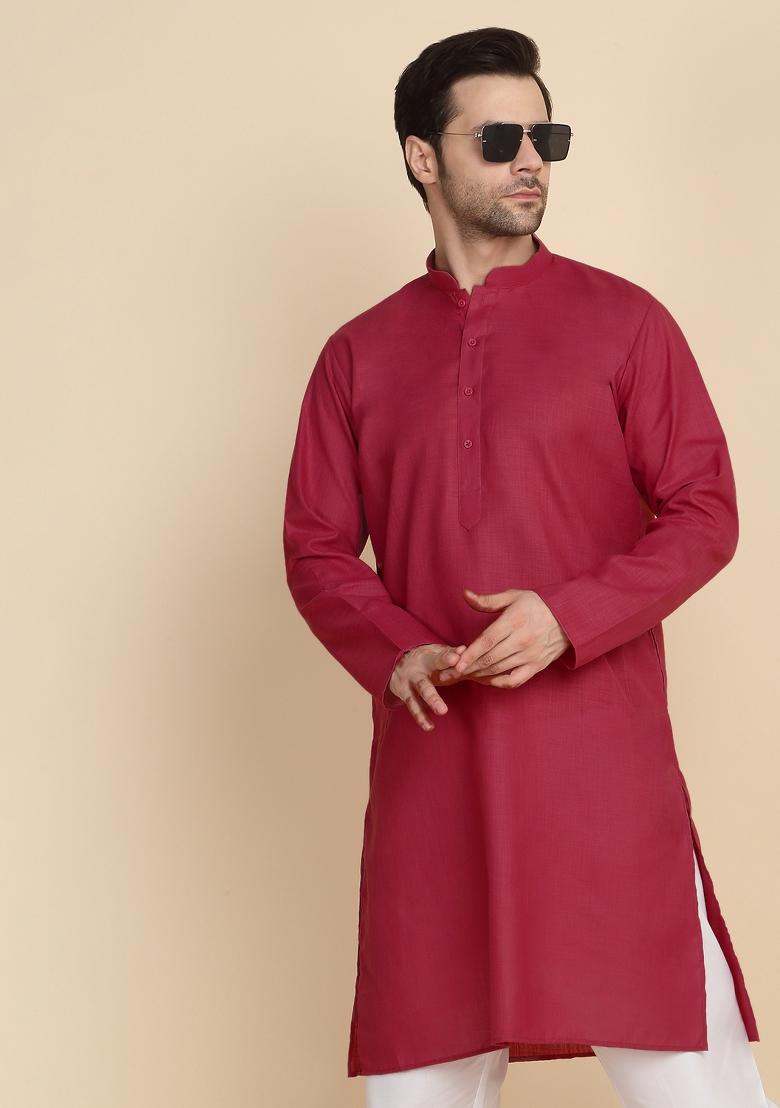 Red Solid Cotton Blend Kurta Set For Men