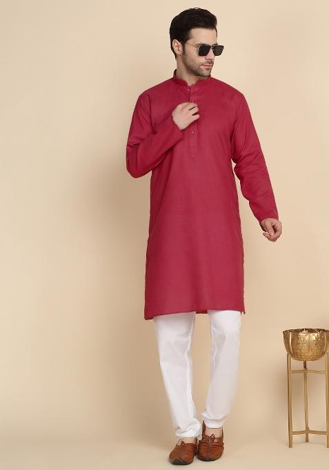 Red Solid Cotton Blend Kurta Set For Men