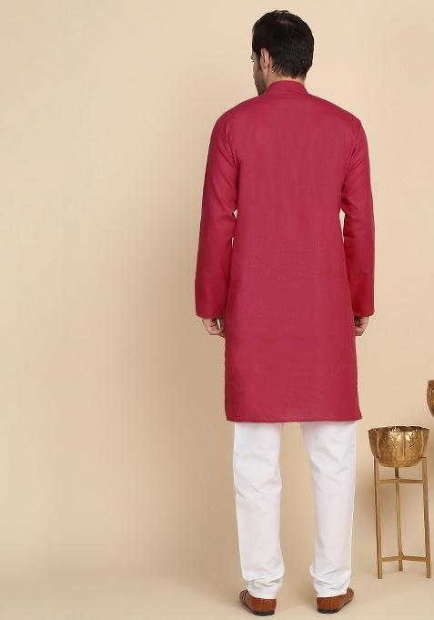 Red Solid Cotton Blend Kurta Set For Men