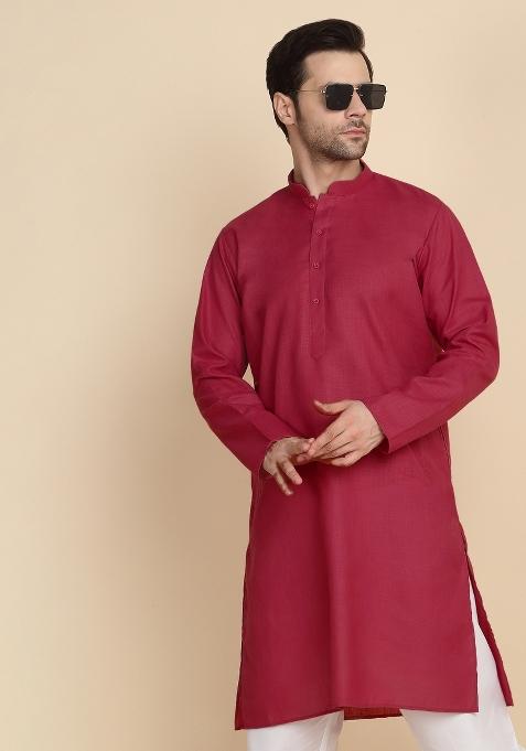 Red Solid Cotton Blend Kurta Set For Men