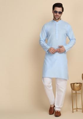 Sky Blue Solid Cotton Blend Kurta Set For Men
