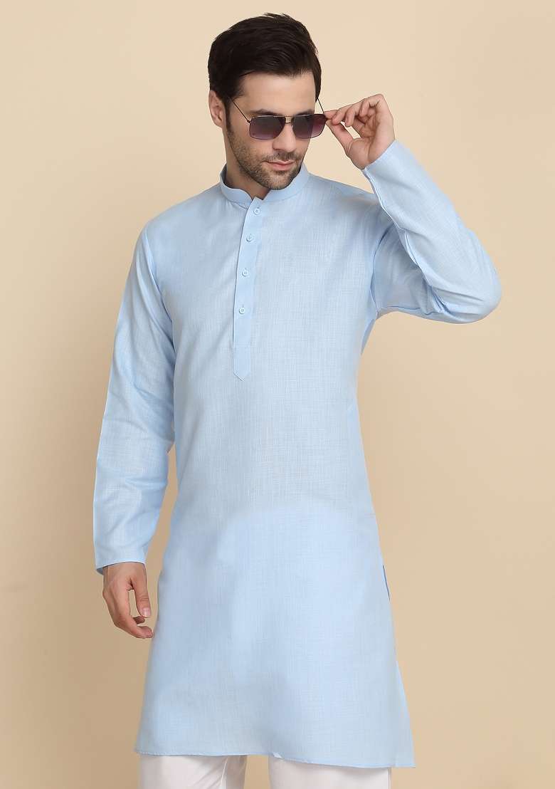 Sky Blue Solid Cotton Blend Kurta Set For Men - Indya