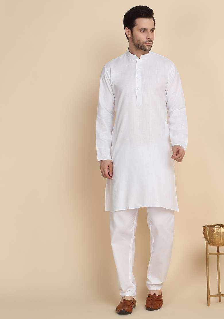 White Solid Cotton Blend Kurta Set For Men - Indya