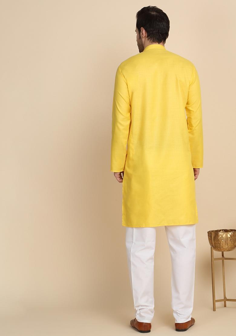 Yellow Solid Cotton Blend Kurta Set For Men