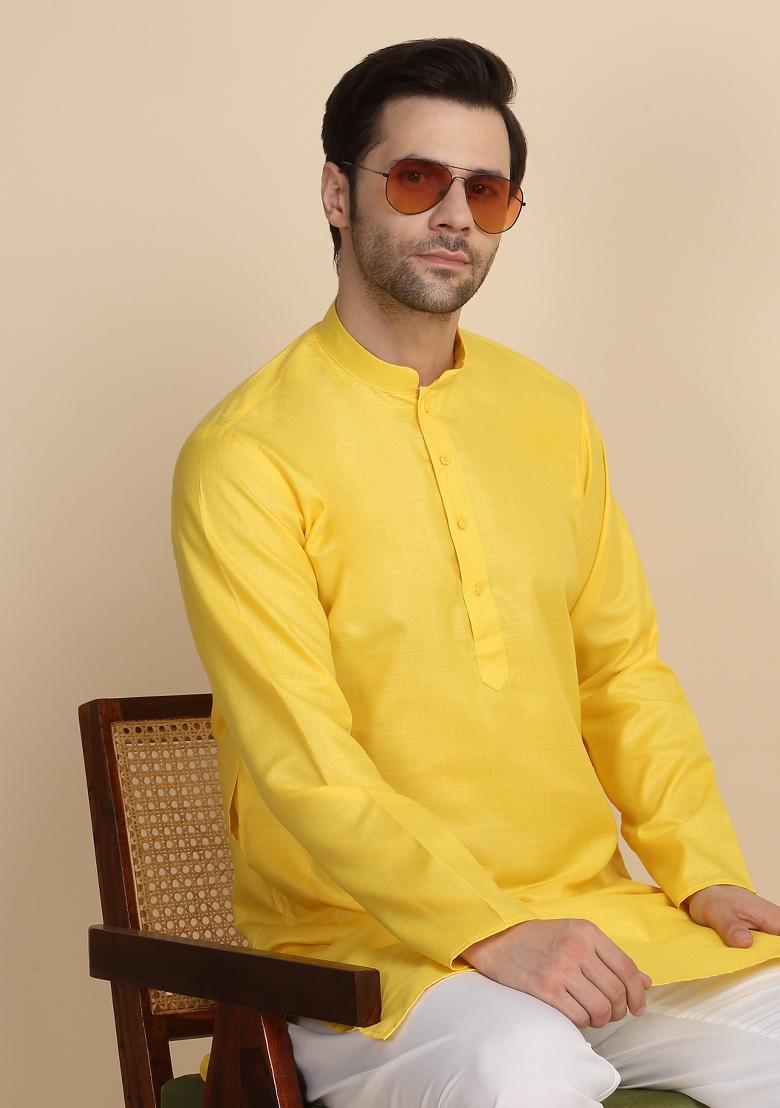 Yellow Solid Cotton Blend Kurta Set For Men
