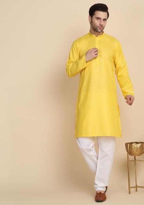 Yellow Solid Cotton Blend Kurta Set For Men
