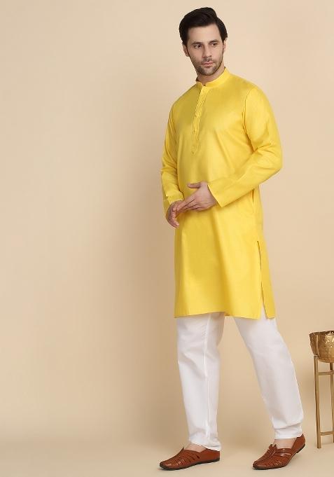 Yellow Solid Cotton Blend Kurta Set For Men