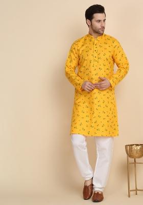 Yellow Printed Cotton Blend Kurta Set For Men