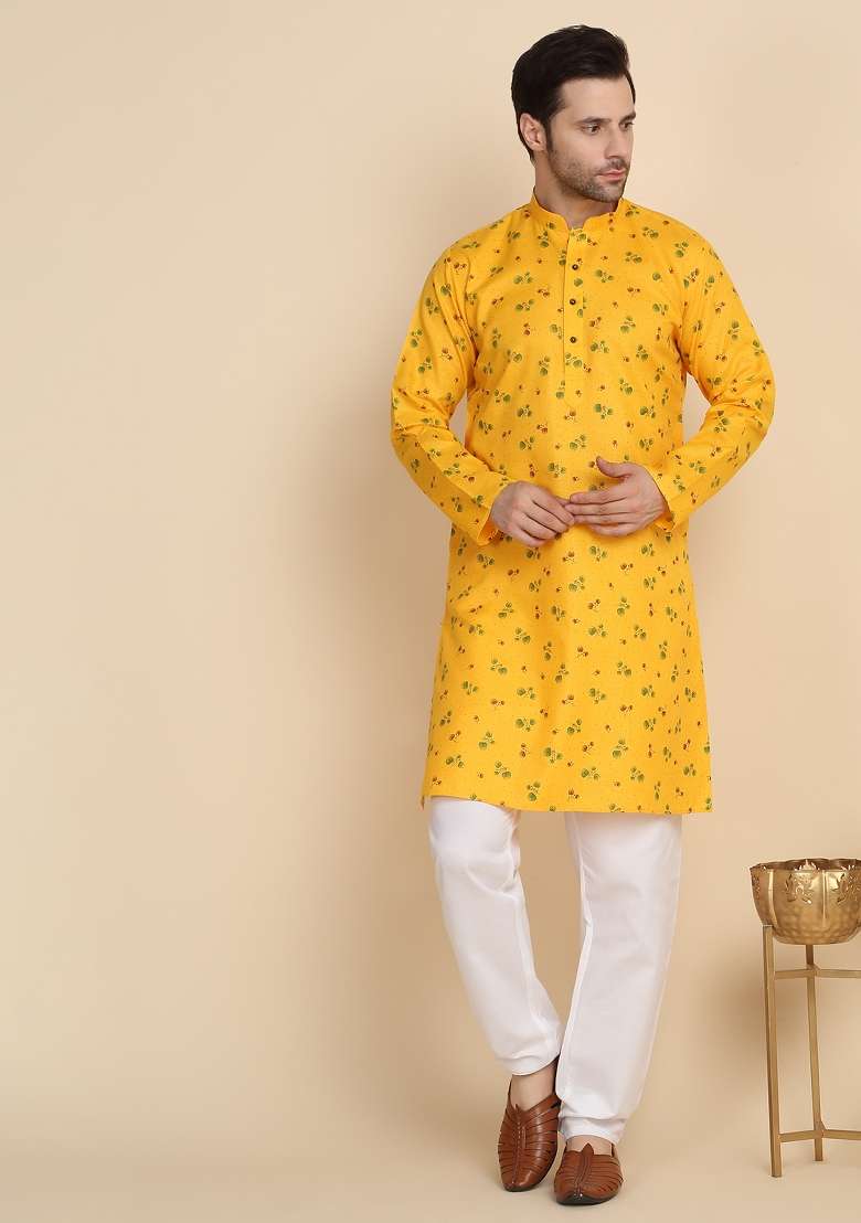 Yellow Printed Cotton Blend Kurta Set For Men - Indya