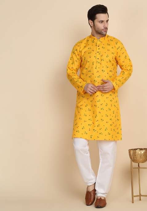 Yellow Printed Cotton Blend Kurta Set For Men