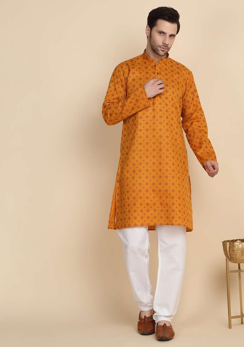 Mustard Printed Cotton Blend Kurta Set For Men - Indya