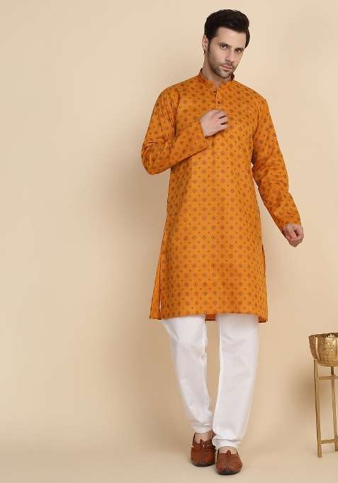 Mustard Printed Cotton Blend Kurta Set For Men
