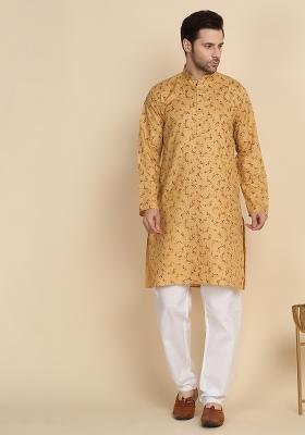 Beige Printed Cotton Blend Kurta Set For Men