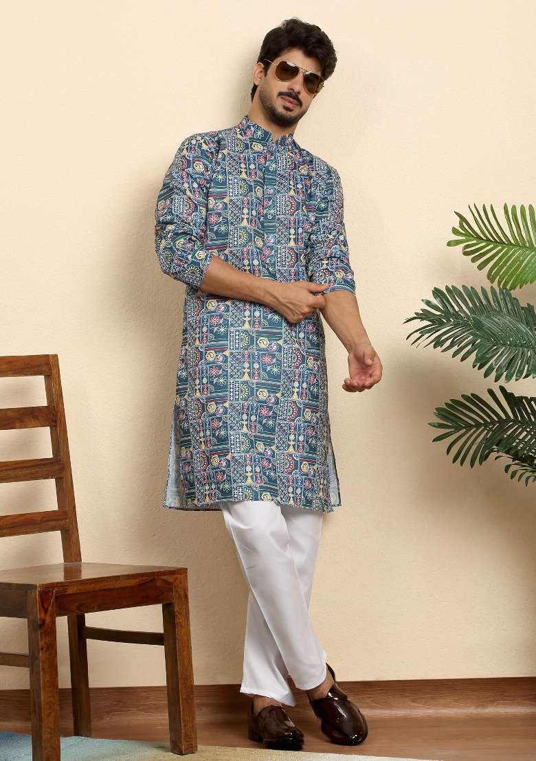 Blue Printed Cotton Blend Kurta Set For Men - Indya
