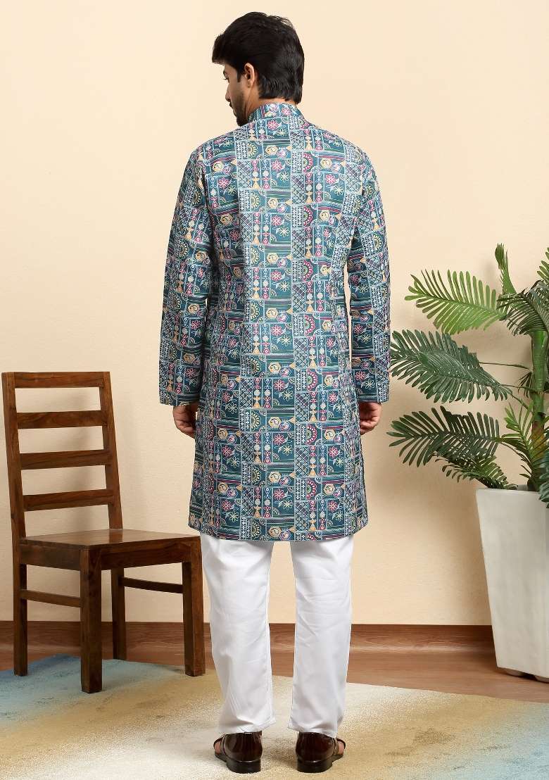 Blue Printed Cotton Blend Kurta Set For Men - Indya