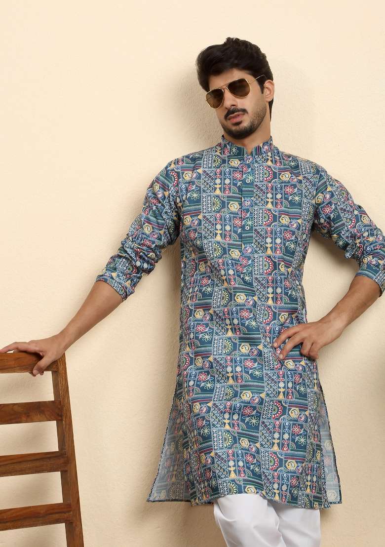 Blue Printed Cotton Blend Kurta Set For Men - Indya
