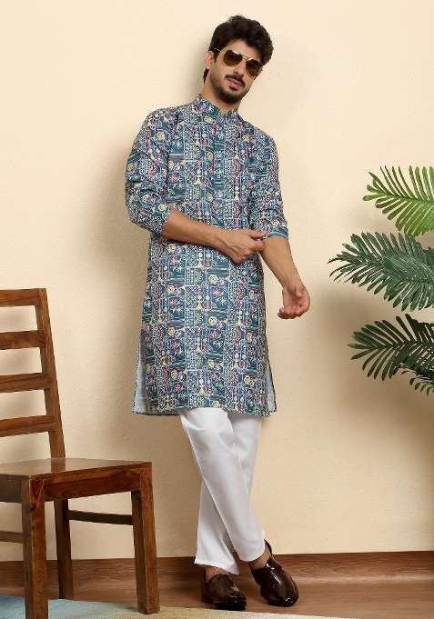 Blue Printed Cotton Blend Kurta Set For Men