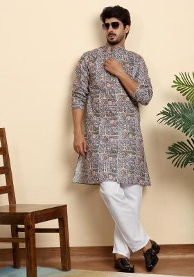 Grey Printed Cotton Blend Kurta Set For Men