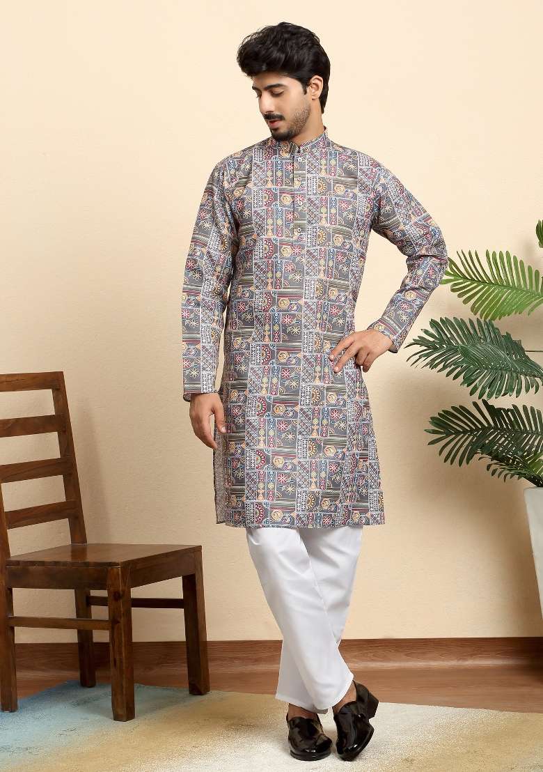Grey Printed Cotton Blend Kurta Set For Men - Indya
