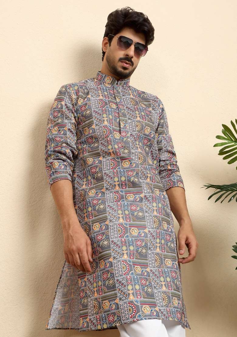 Grey Printed Cotton Blend Kurta Set For Men - Indya
