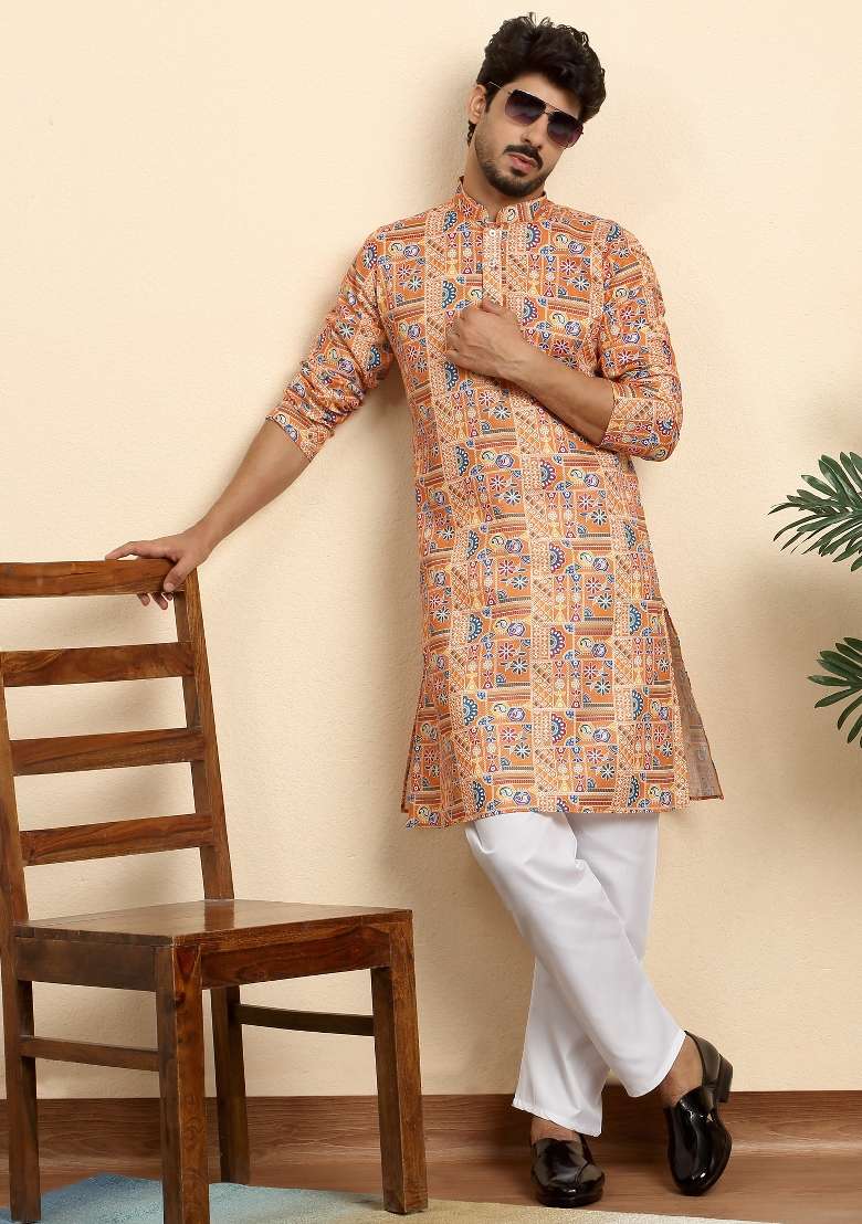 Orange Printed Cotton Blend Kurta Set For Men - Indya