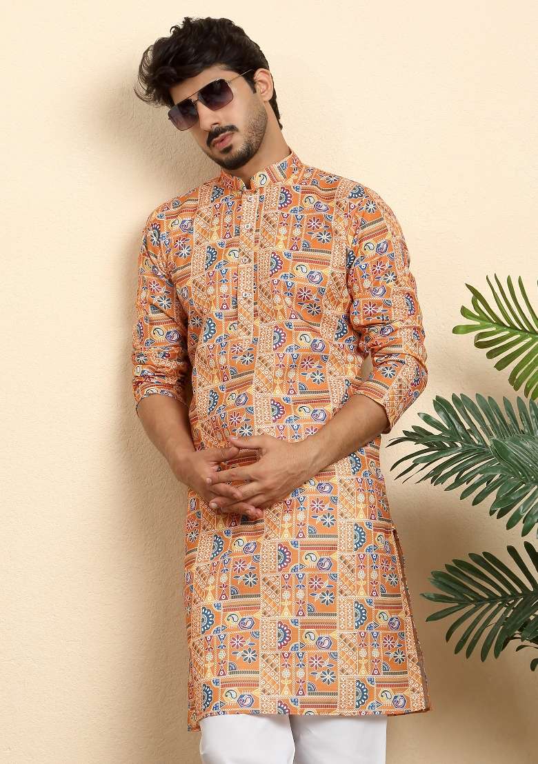 Orange Printed Cotton Blend Kurta Set For Men - Indya
