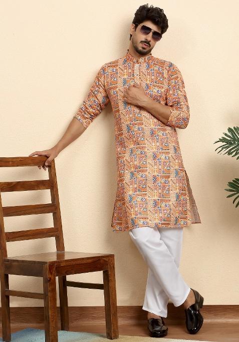 Orange Printed Cotton Blend Kurta Set For Men