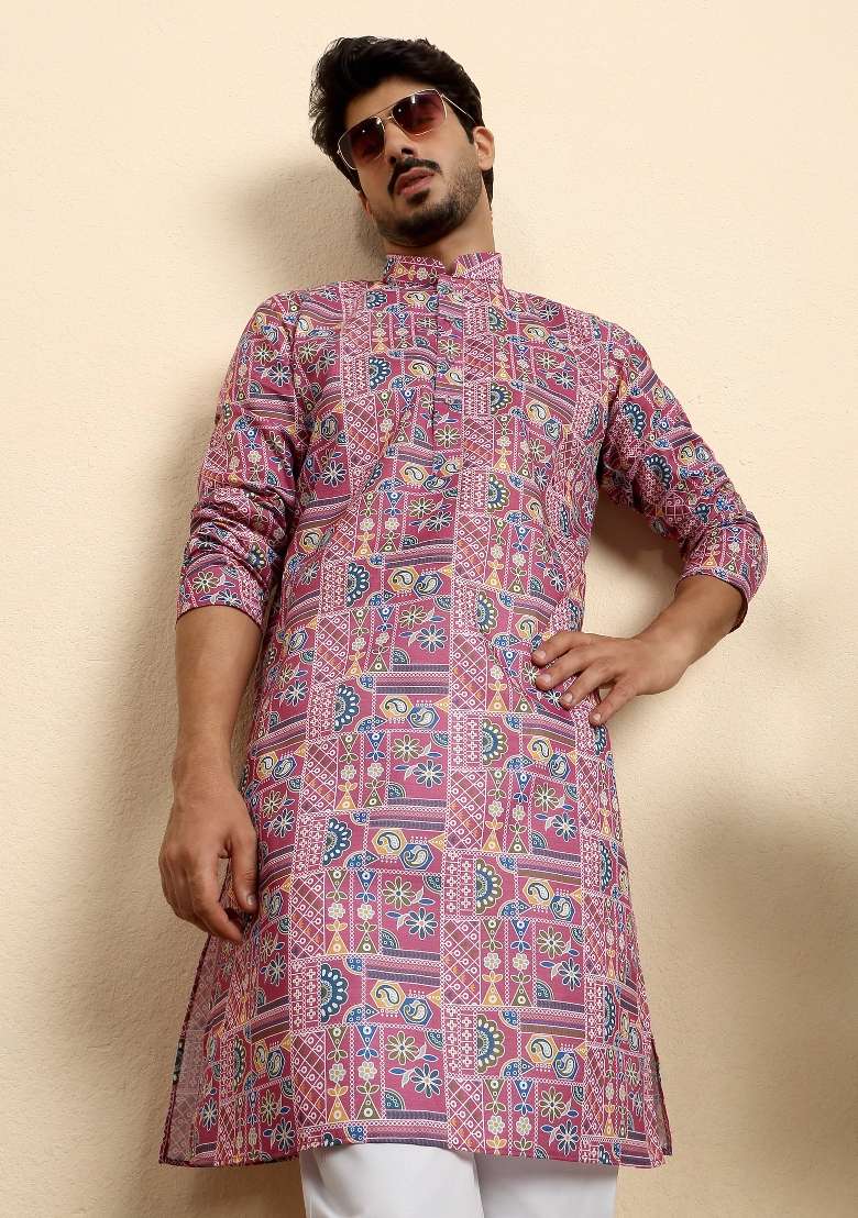 Pink Printed Cotton Blend Kurta Set For Men - Indya