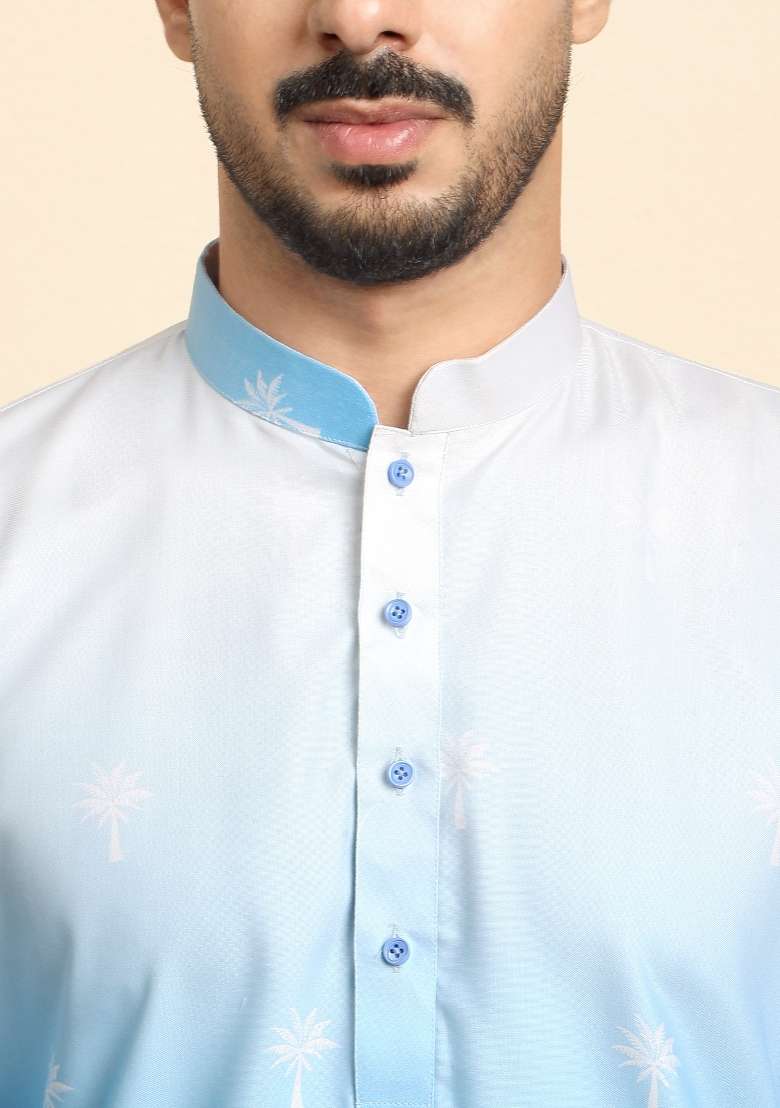 Blue Printed Cotton Blend Kurta Set For Men - Indya