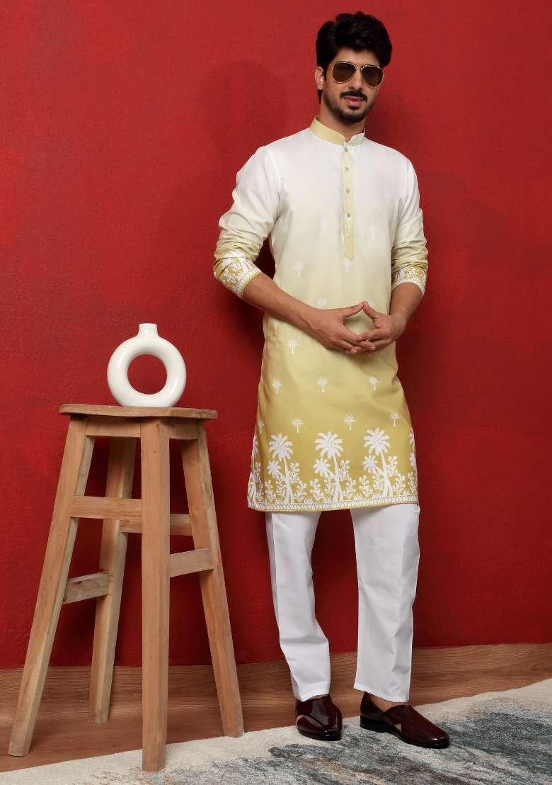 Green Printed Cotton Blend Kurta Set For Men - Indya