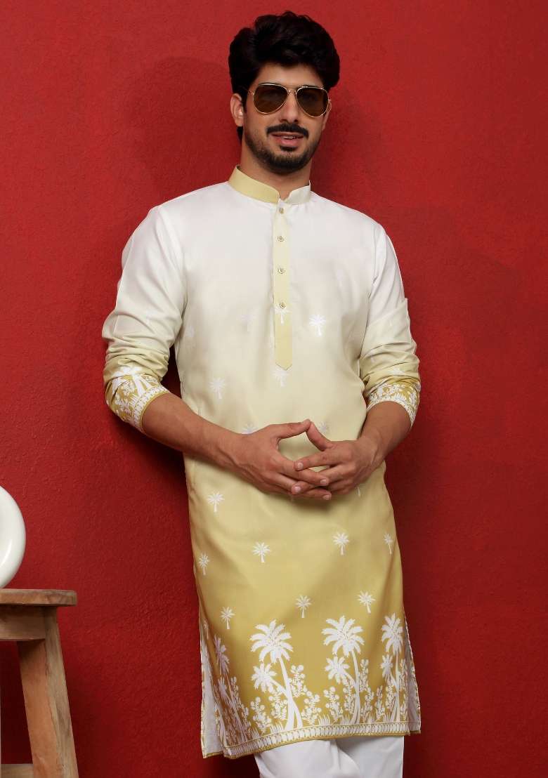 Green Printed Cotton Blend Kurta Set For Men - Indya