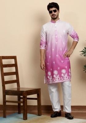Pink Printed Cotton Blend Kurta Set For Men