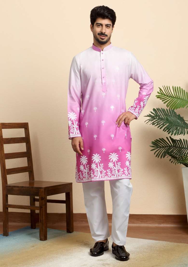 Pink Printed Cotton Blend Kurta Set For Men - Indya