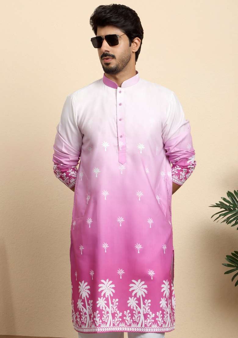 Pink Printed Cotton Blend Kurta Set For Men - Indya