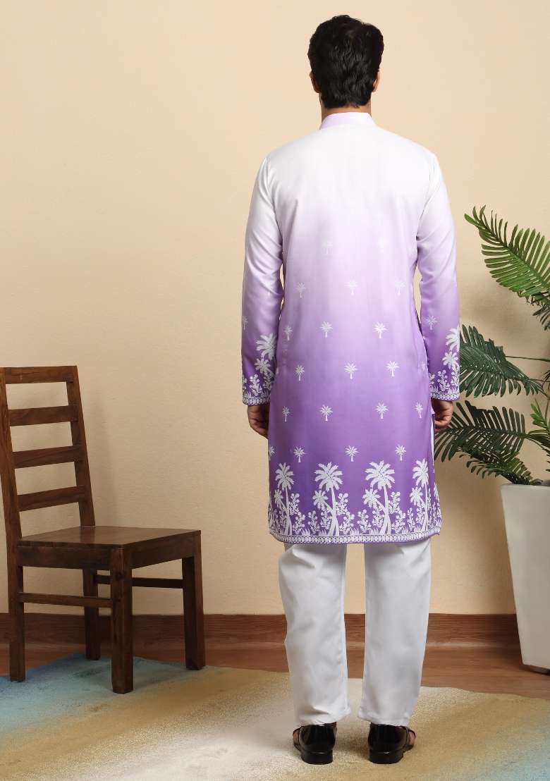 Purple Printed Cotton Blend Kurta Set For Men - Indya