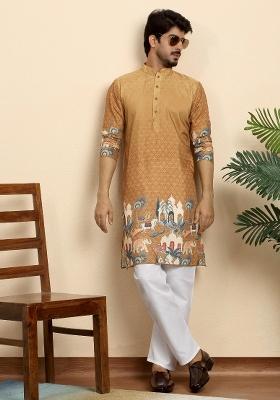 Beige Printed Cotton Blend Kurta Set For Men